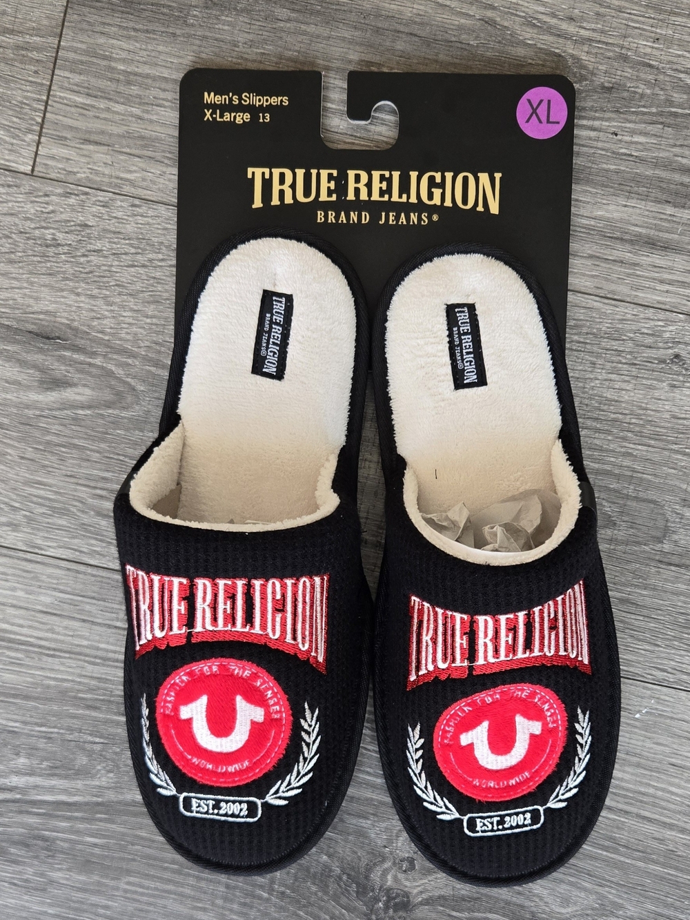 True Religion Men’s Slippers Black Red Logo XL Size 13 NWT House Shoes.
